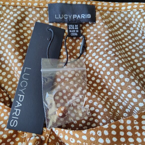 LUCY Paris Nadia Carmel Brown Cream Polka Dot Smocked Waist Wrist Top Sz M NWT - Picture 9 of 11